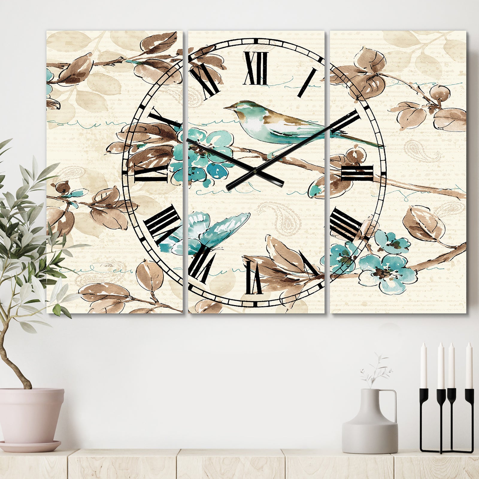 Beige Bird Wings - Cottage 3 Panels Large Wall CLock