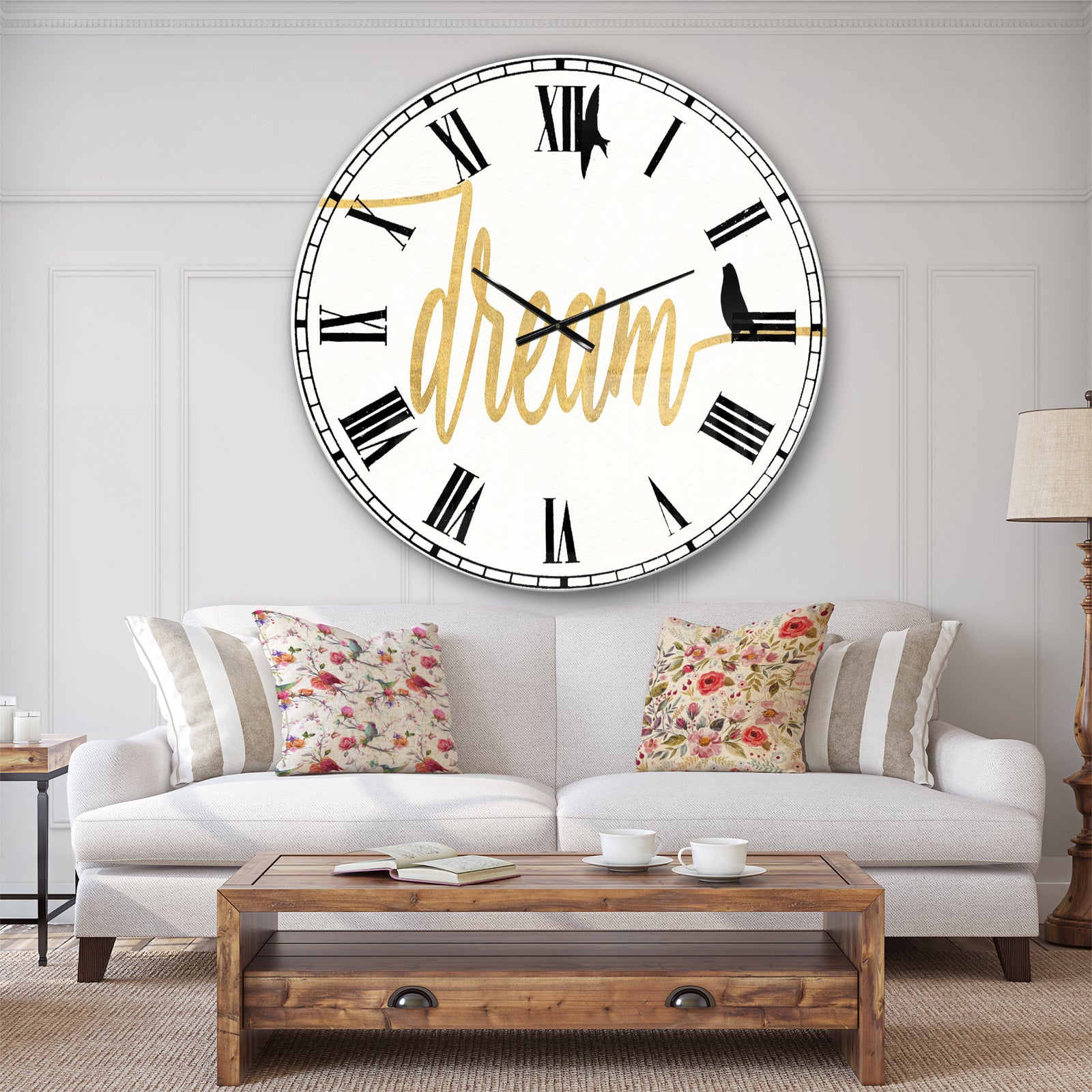 Family of Birds on Gold Words II - Cottage Large Wall CLock