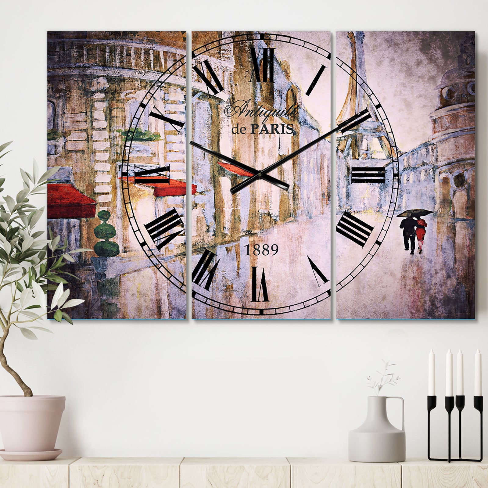 Love in Paris III - Cottage 3 Panels Oversized Wall CLock