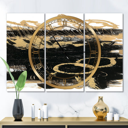 Gold and Black drift III - Glam 3 Panels Large Wall CLock