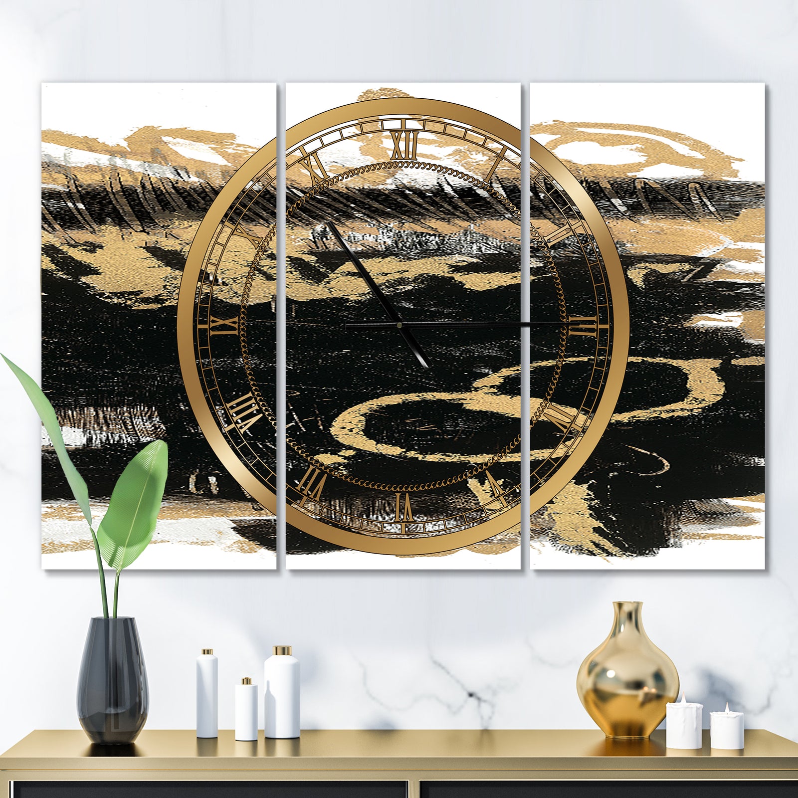 Gold and Black drift III - Glam 3 Panels Large Wall CLock