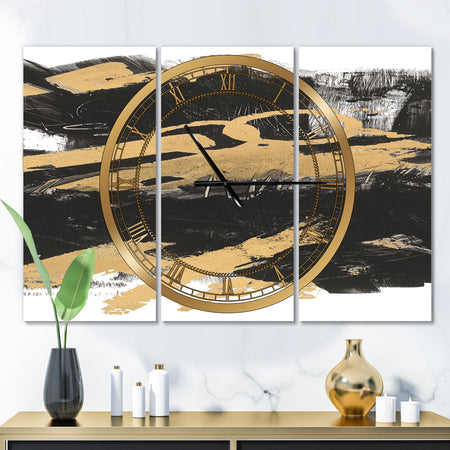 Gold and Black drift IV - Glam 3 Panels Oversized Wall CLock