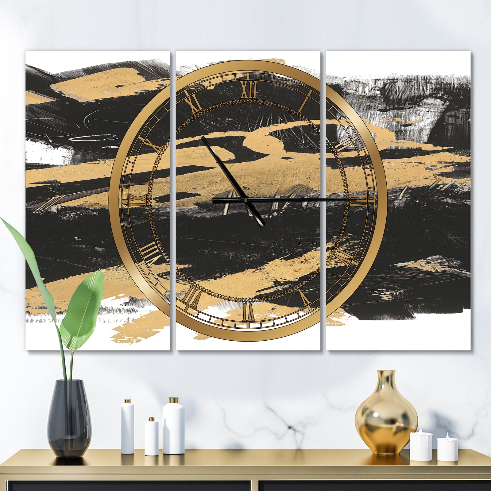 Gold and Black drift IV - Glam 3 Panels Oversized Wall CLock