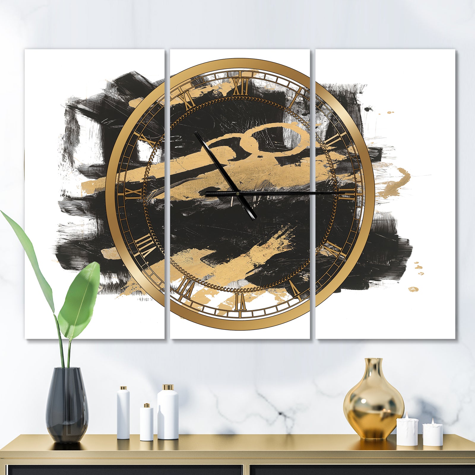 Gold and Black drift I - Glam 3 Panels Large Wall CLock