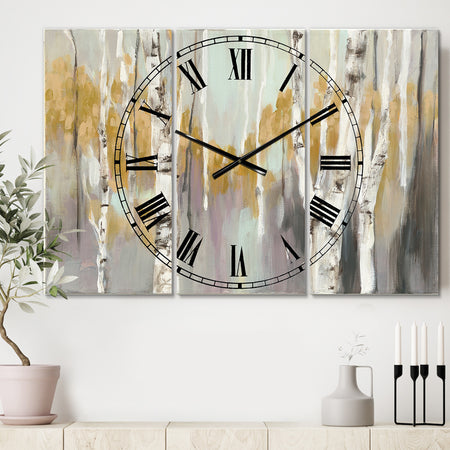 The Gray Barn Jartop 'Silver and Yellow Birch Forest II - 3-panel Oversized Metal Clock