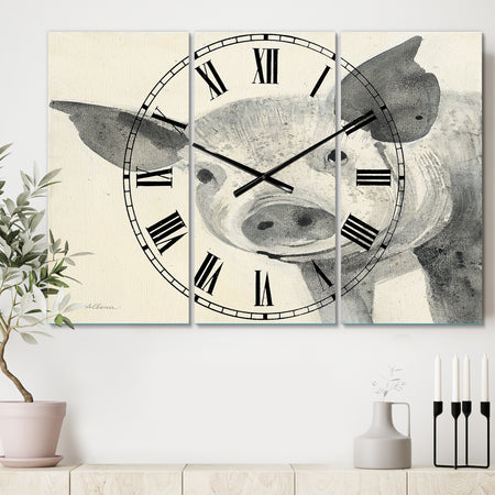Piglet Farmhouse Animal in Black and White - Cottage 3 Panels Oversized Wall CLock