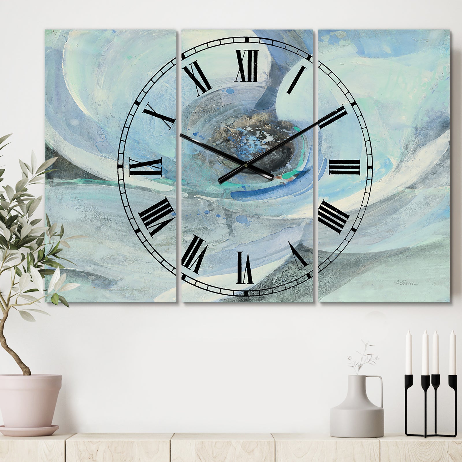 Watercolor Moonlight Magnolia I - Cottage 3 Panels Oversized Wall CLock