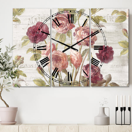 French Roses I - Cottage 3 Panels Oversized Wall CLock
