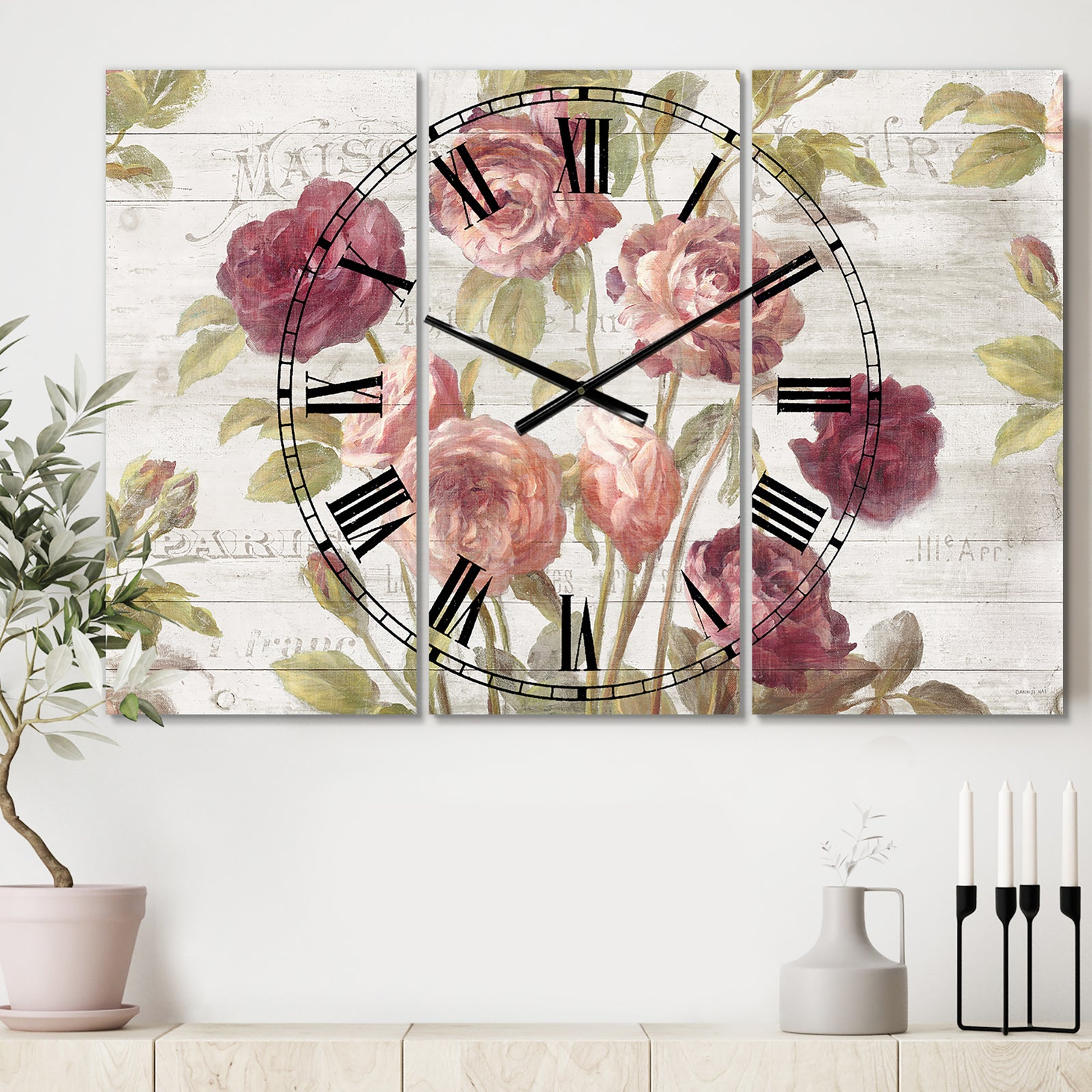 French Roses I - Cottage 3 Panels Oversized Wall CLock