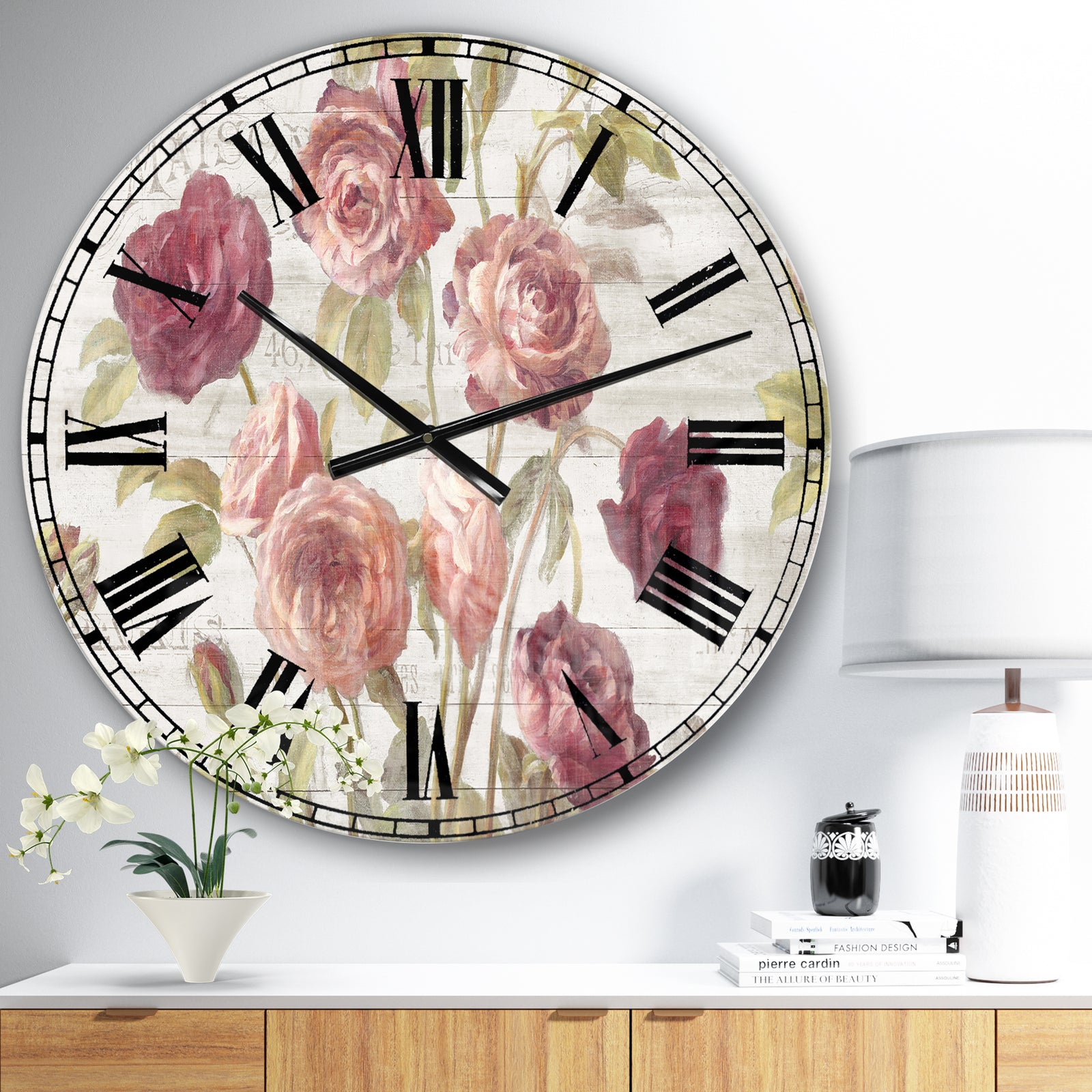 French Roses I - Farmhouse Large Wall CLock