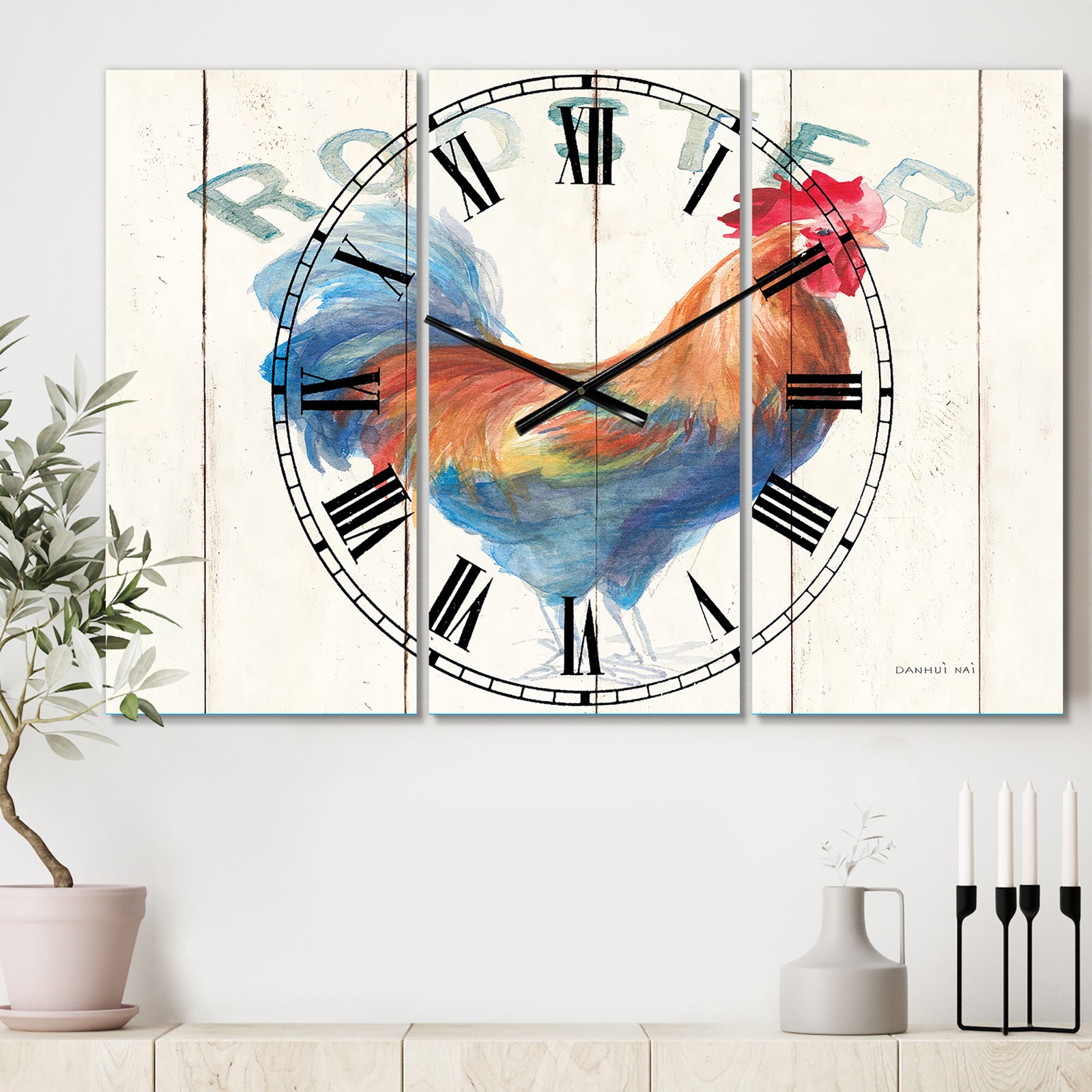 Wood Farm Roaster I - Cottage 3 Panels Oversized Wall CLock