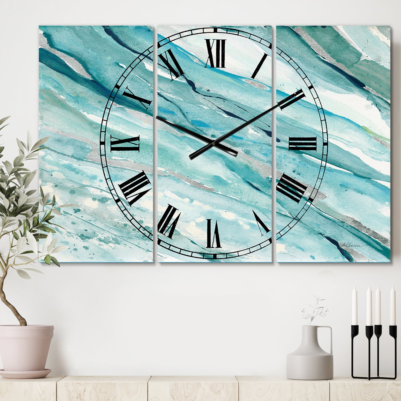 Silver Springs I Blue Green - Cottage 3 Panels Large Wall CLock