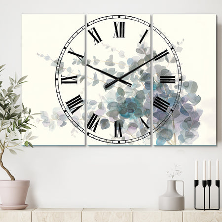 Grey Watercolor Flower II - Cottage 3 Panels Oversized Wall CLock