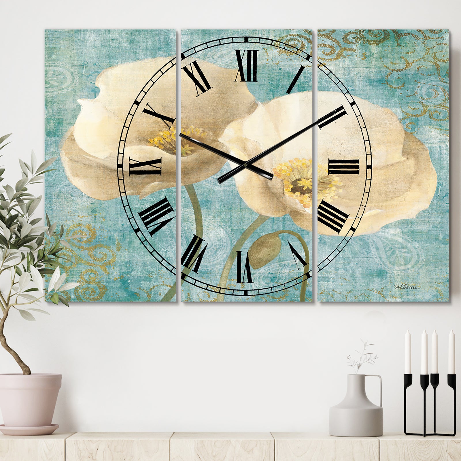 bouquet Poppies on Paisley II - Cottage 3 Panels Oversized Wall CLock
