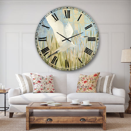 Snowy Egret in Flight vII - Farmhouse Wall CLock