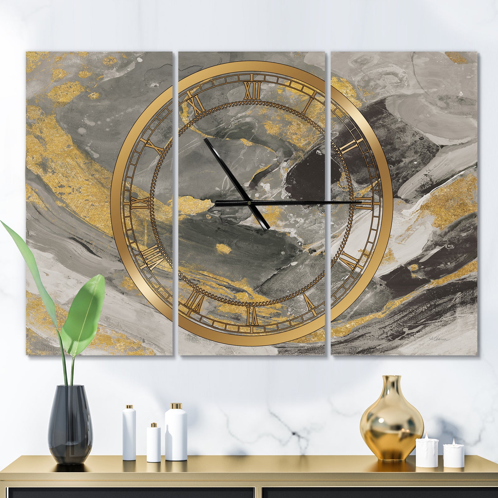 Marble Gold and Black II - Glam 3 Panels Oversized Wall CLock