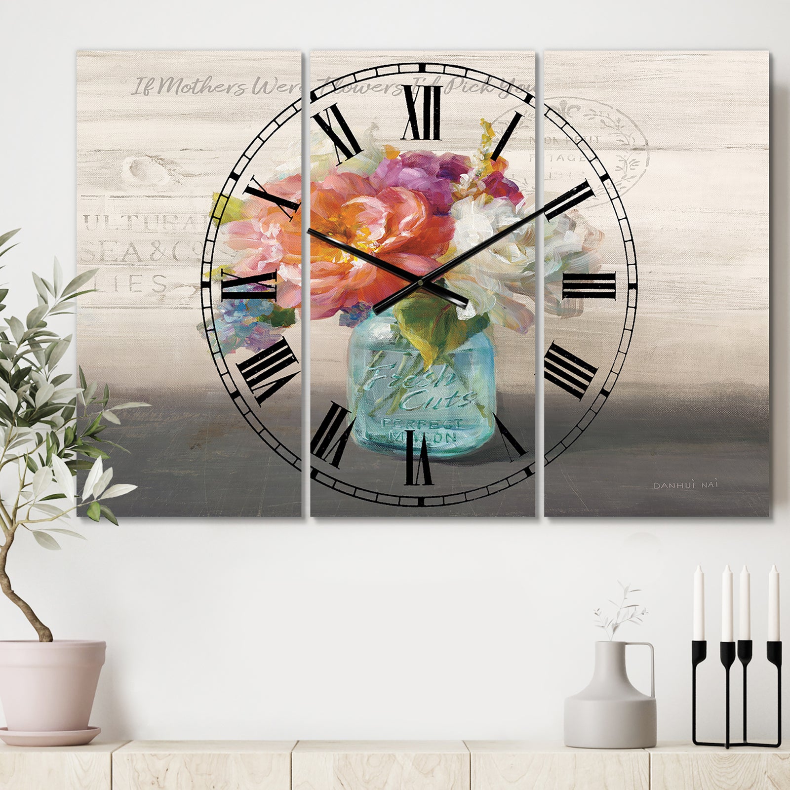 French Cottage Bouquet I Mothers - Cottage 3 Panels Oversized Wall CLock