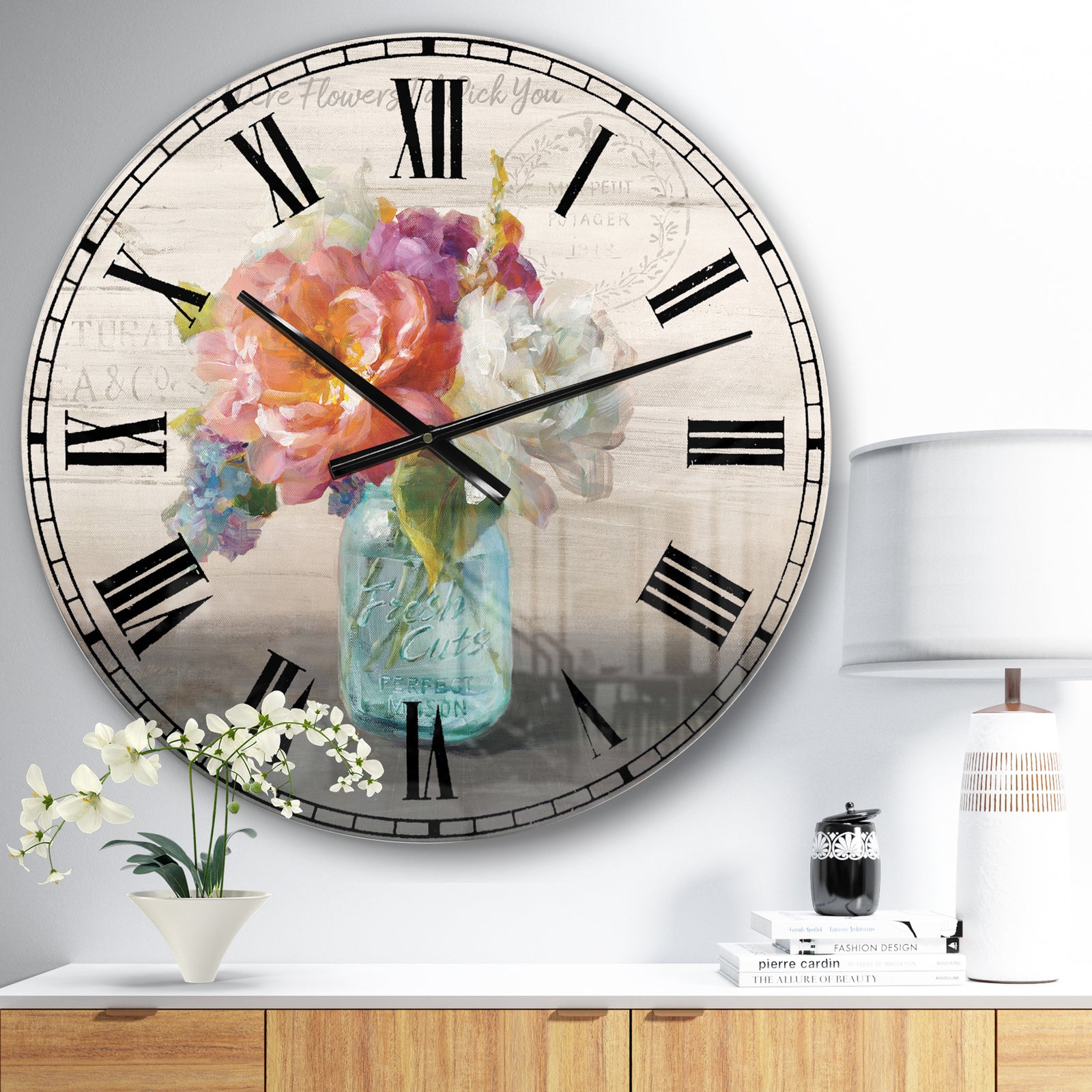 French Cottage Bouquet I Mothers - Cottage Large Wall CLock