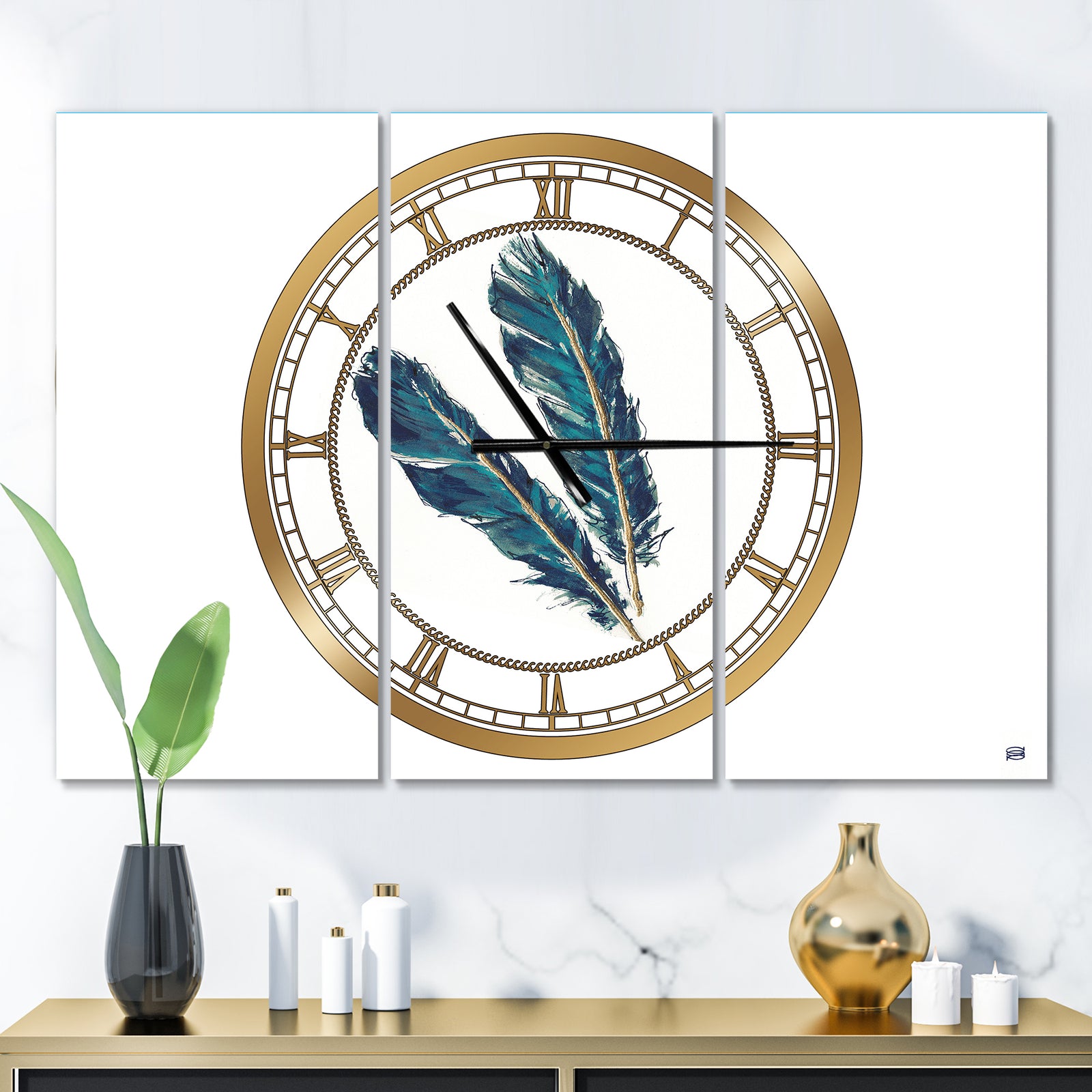 Gold Indigo Feathers III - Glam 3 Panels Oversized Wall CLock
