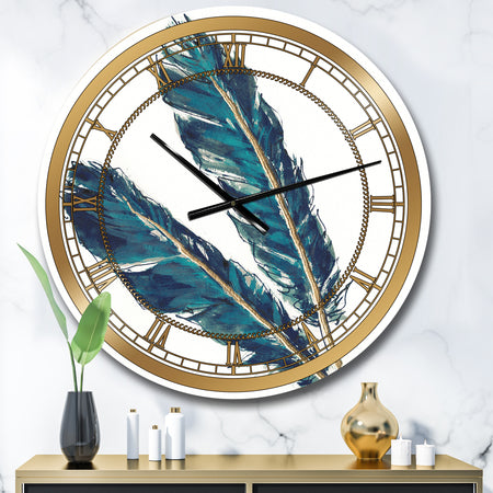 Gold Indigo Feathers III - Glam Large Wall CLock