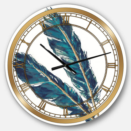 Gold Indigo Feathers III - Glam Large Wall CLock