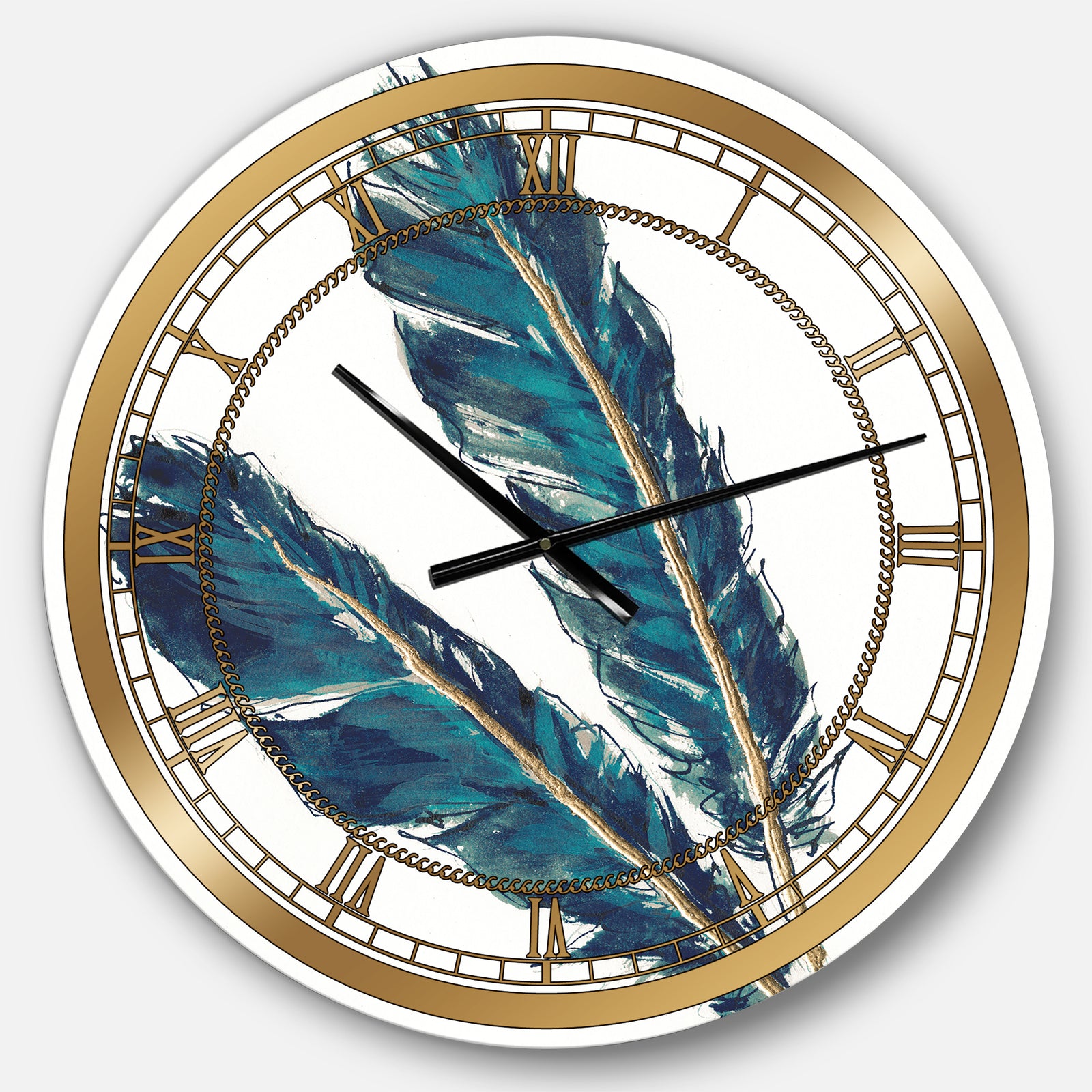 Gold Indigo Feathers III - Glam Large Wall CLock