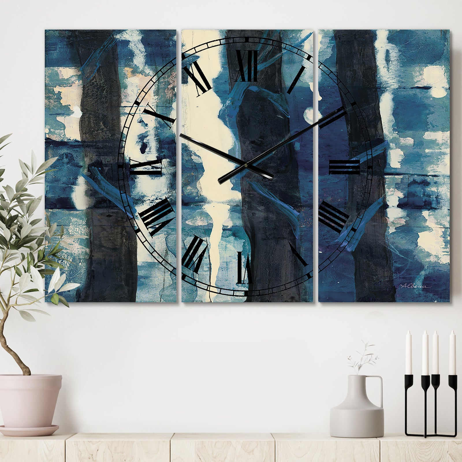 Deep Woods II Indigo - Cottage 3 Panels Oversized Wall CLock