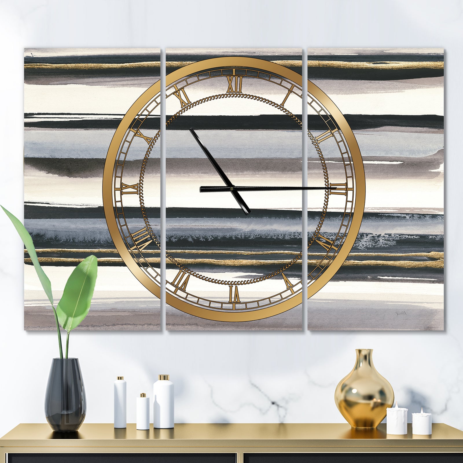 Gold Watercolor Amethyst I - Glam 3 Panels Oversized Wall CLock