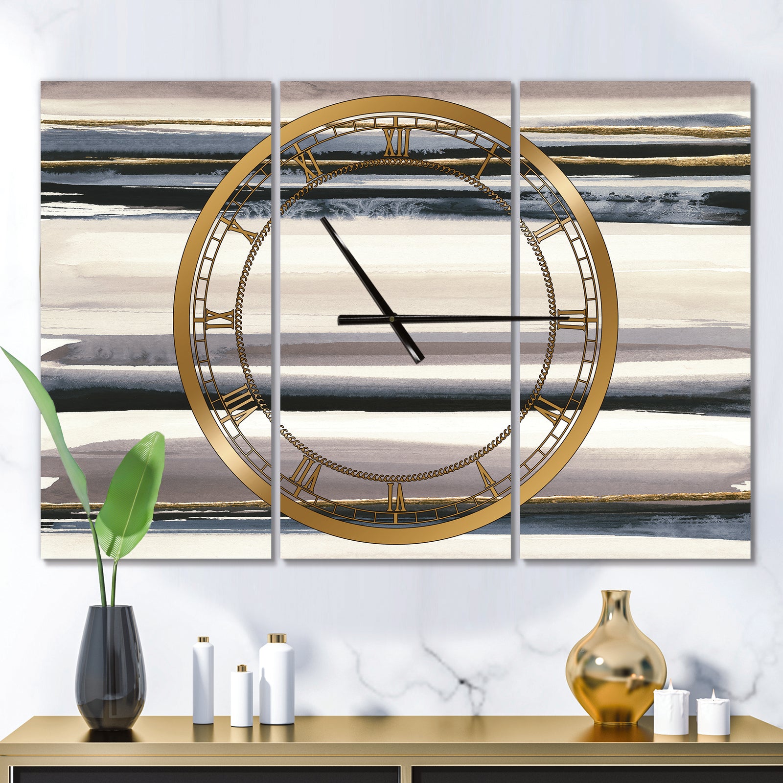 Gold Watercolor Amethyst II - Glam 3 Panels Large Wall CLock