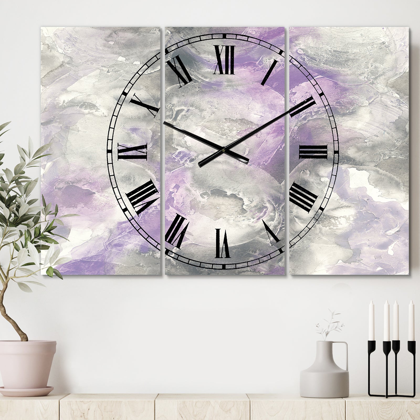 Porch & Den 'Watercolor Purple Tones III - Tri-panel Metal Clock