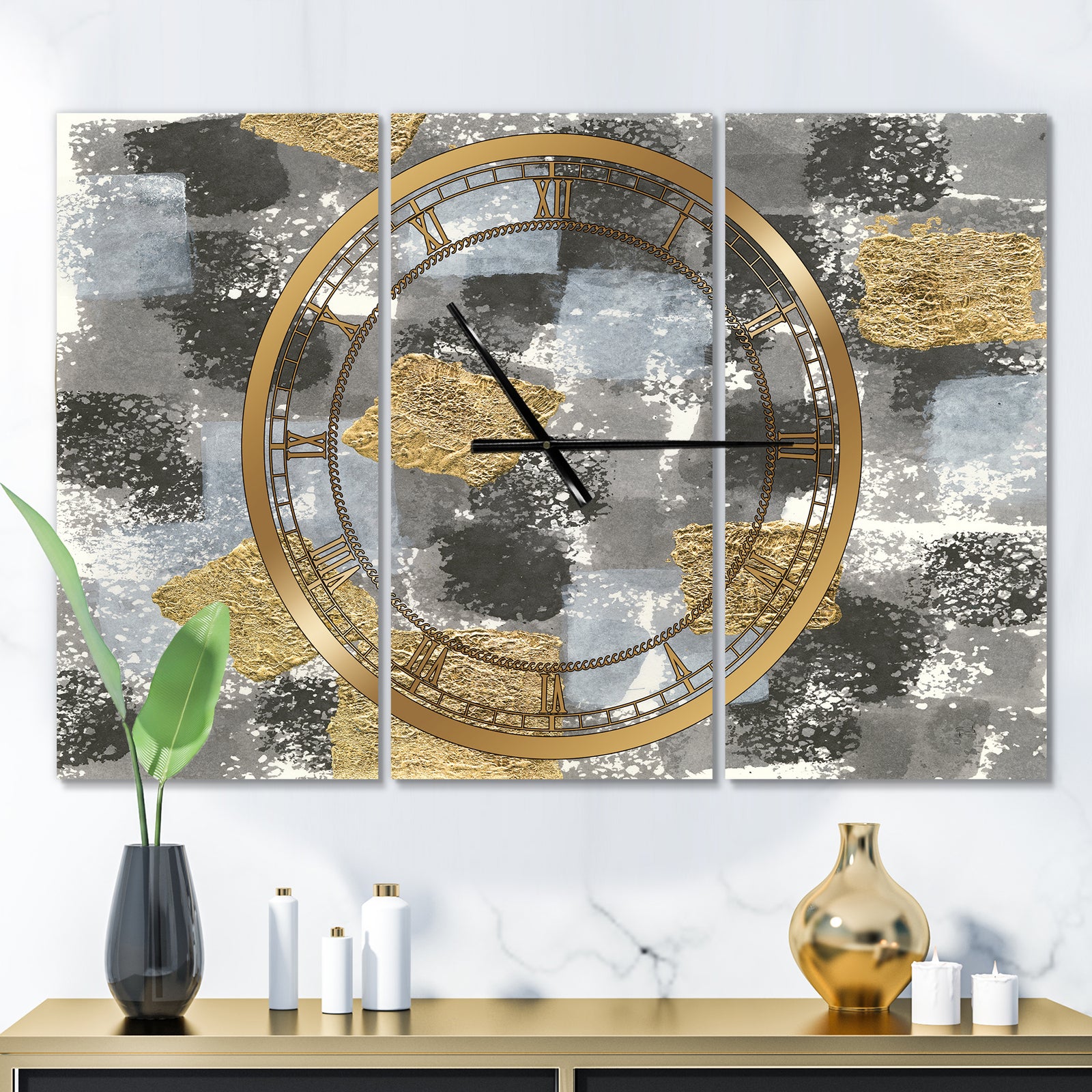 Gold Glamour Squares II - Glam 3 Panels Oversized Wall CLock