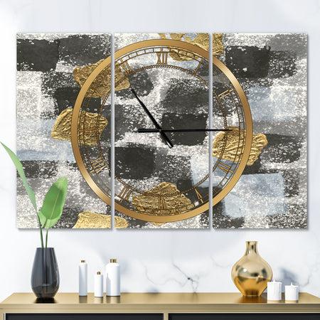 Gold Glamour Squares I - Glam 3 Panels Oversized Wall CLock