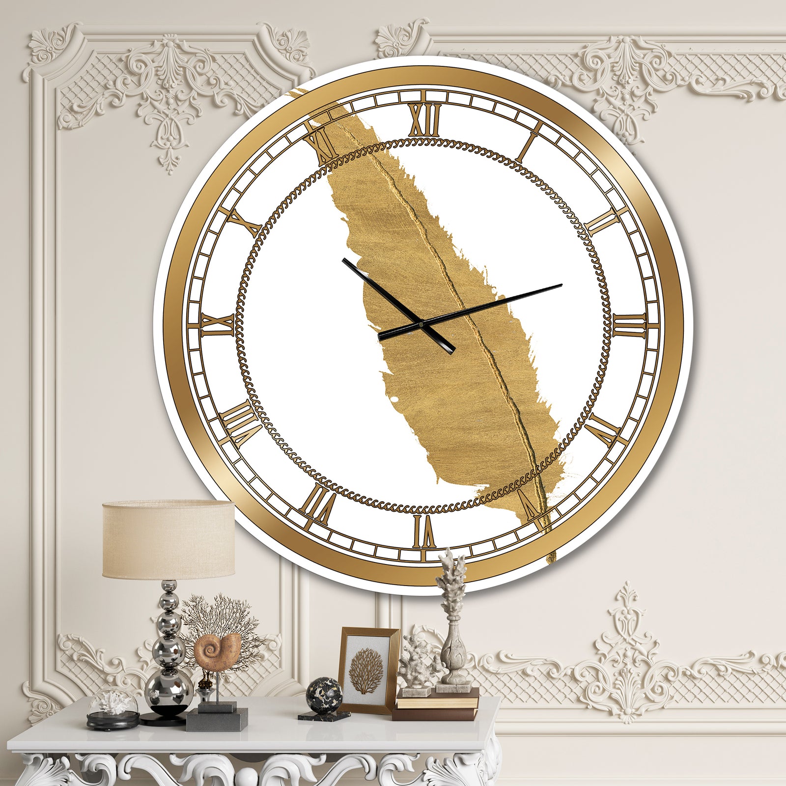 Glam pure Gold Feather I - Glam Large Wall CLock