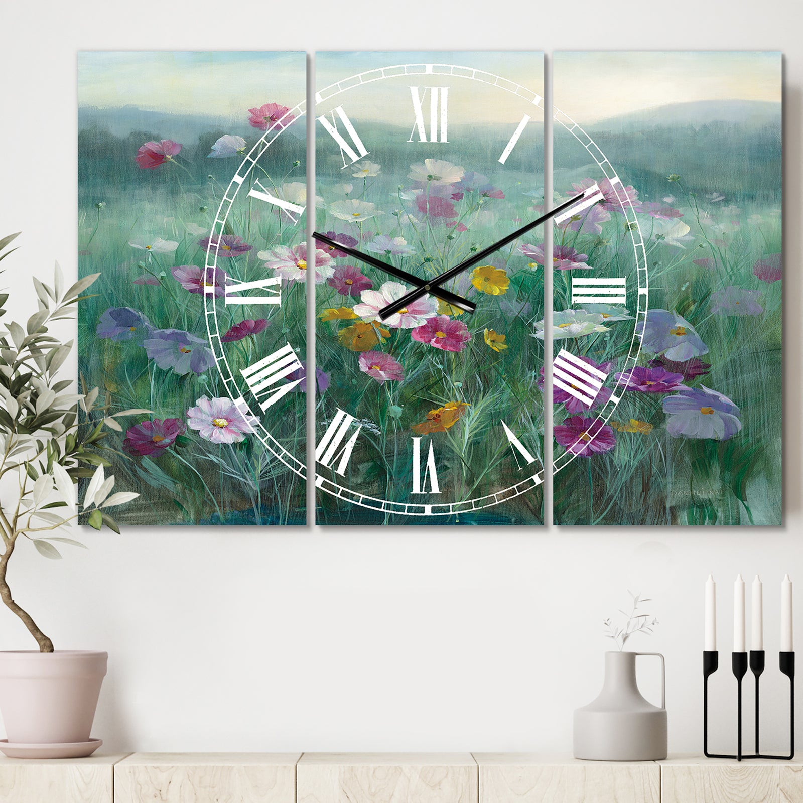 Flower field - Cottage 3 Panels Large Wall CLock