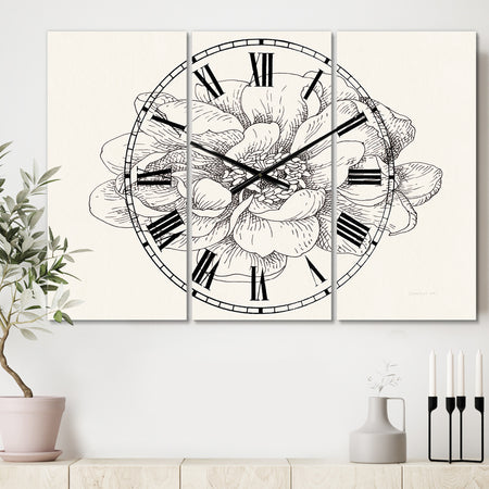 Pen and Ink Florals IV - Cottage 3 Panels Oversized Wall CLock