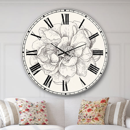 Pen and Ink Florals IV - Farmhouse Large Wall CLock