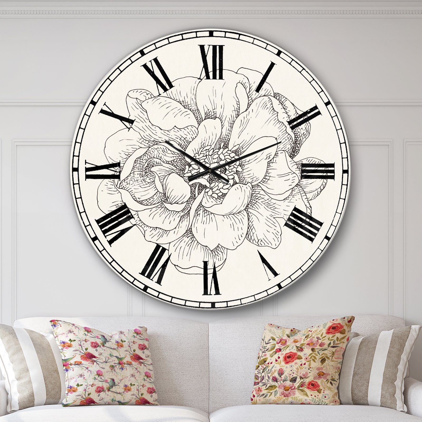 Pen and Ink Florals IV - Farmhouse Large Wall CLock