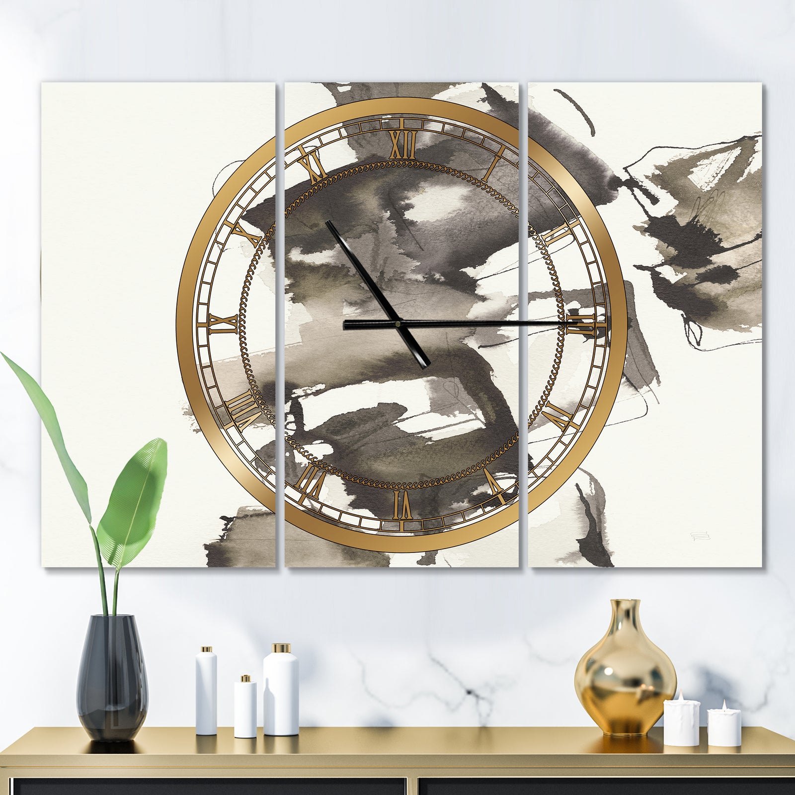Geometric Glam Square II - Glam 3 Panels Oversized Wall CLock