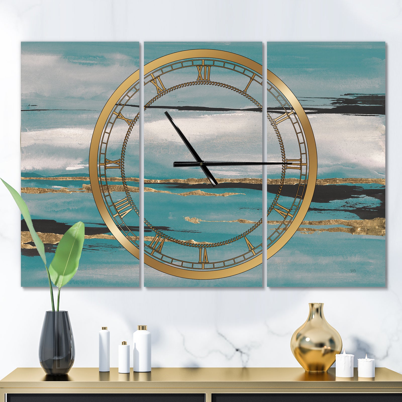 Glam Teal Watercolor I - Glam 3 Panels Oversized Wall CLock