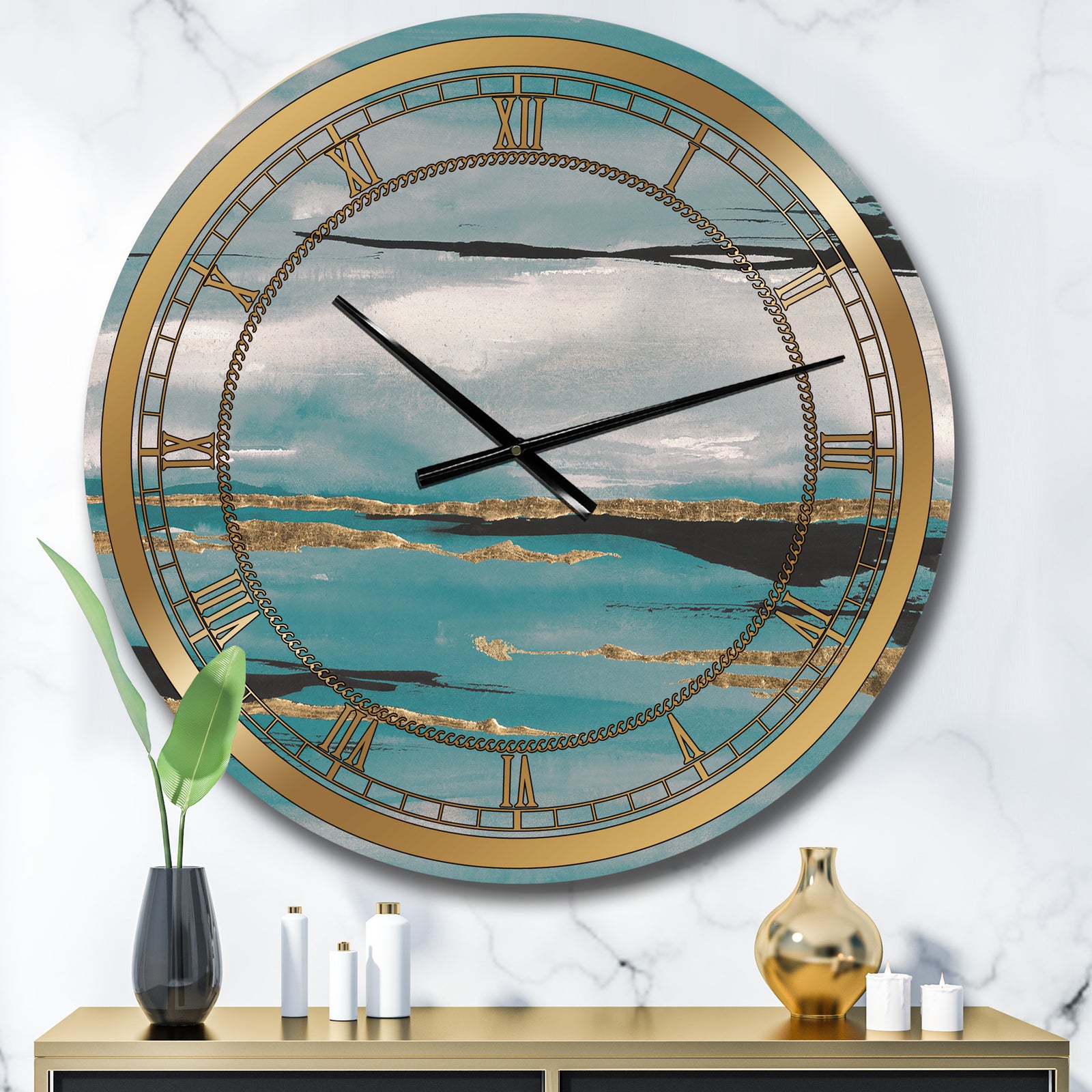Glam Teal Watercolor I - Glam Large Wall CLock