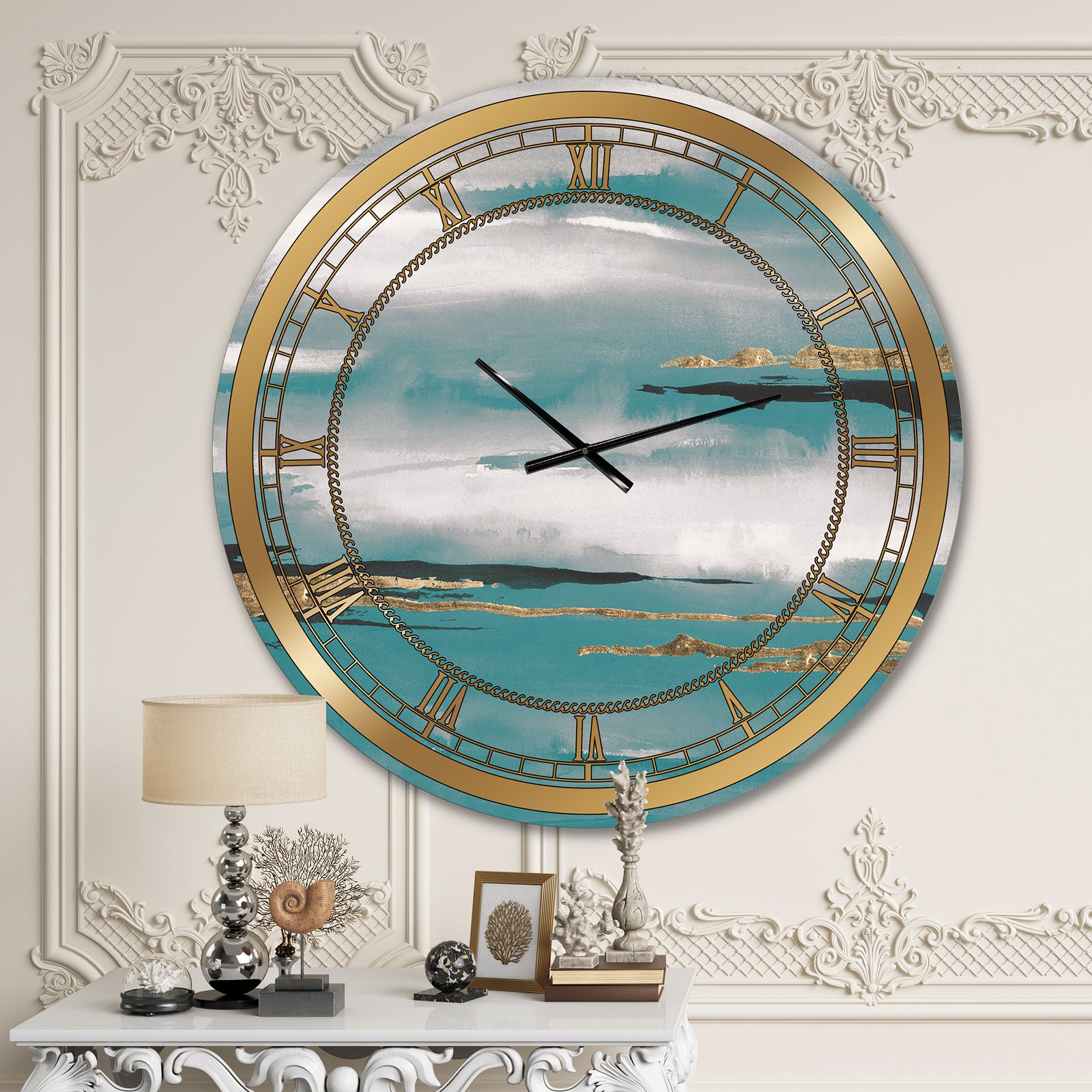 Glam Teal Watercolor II - Glam Wall CLock