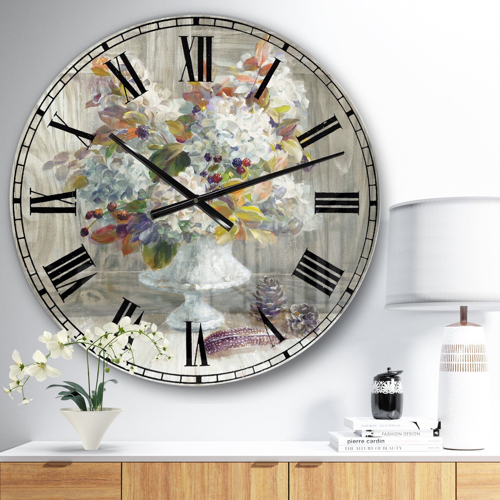 Rustic Florals White - Cabin & Lodge Oversized Wall CLock