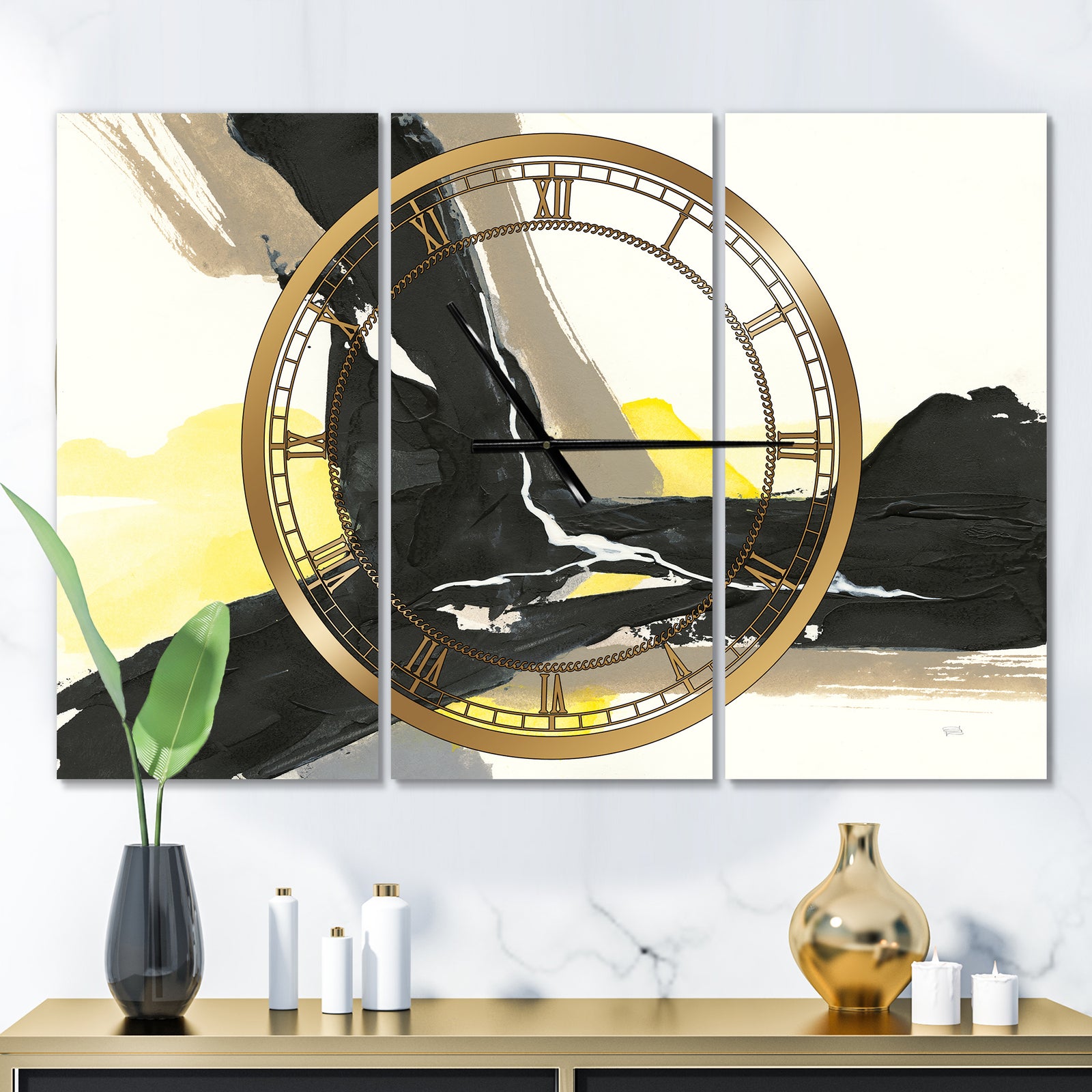 Glam Black and Yellow I - Glam 3 Panels Oversized Wall CLock