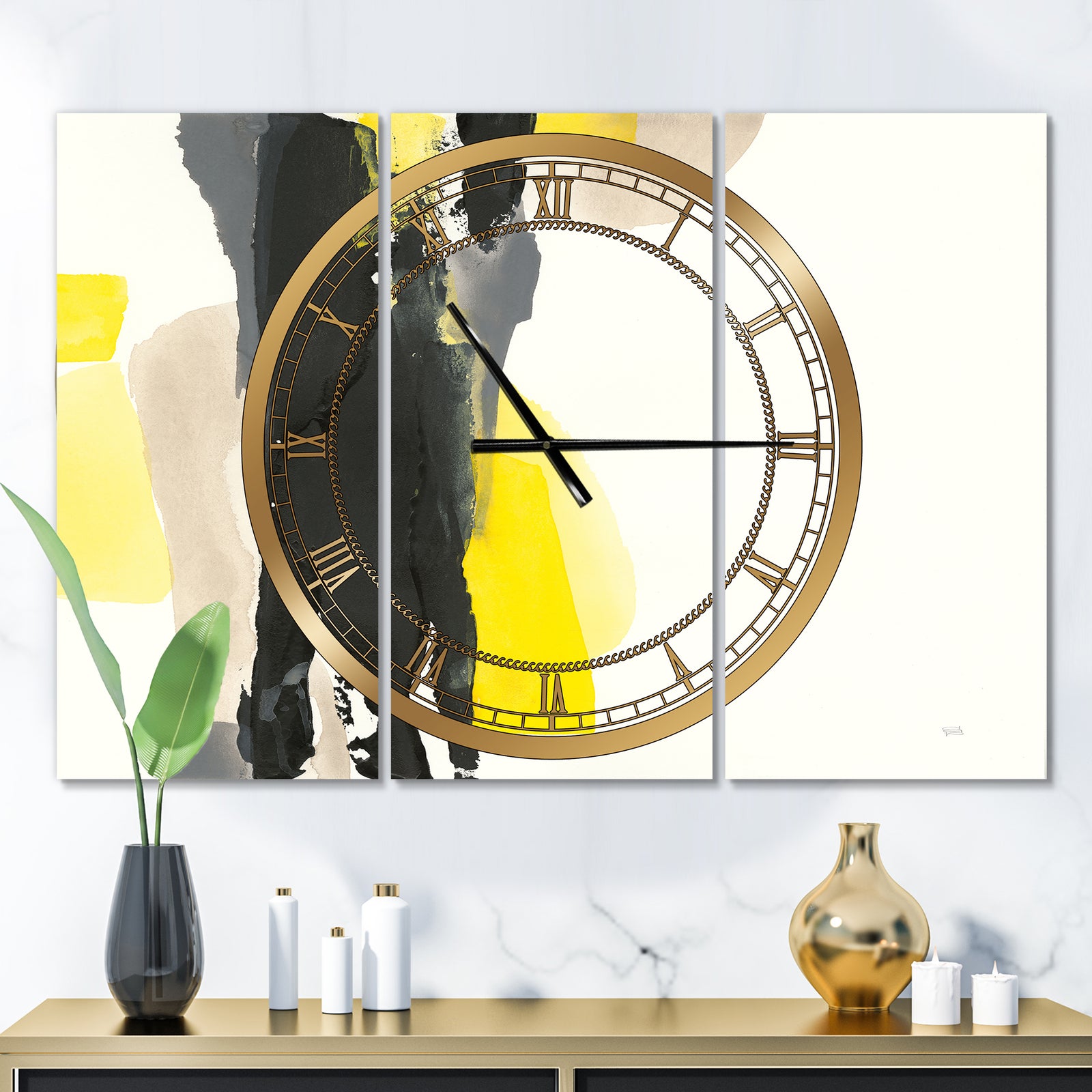 Glam Black and Yellow II - Glam 3 Panels Large Wall CLock
