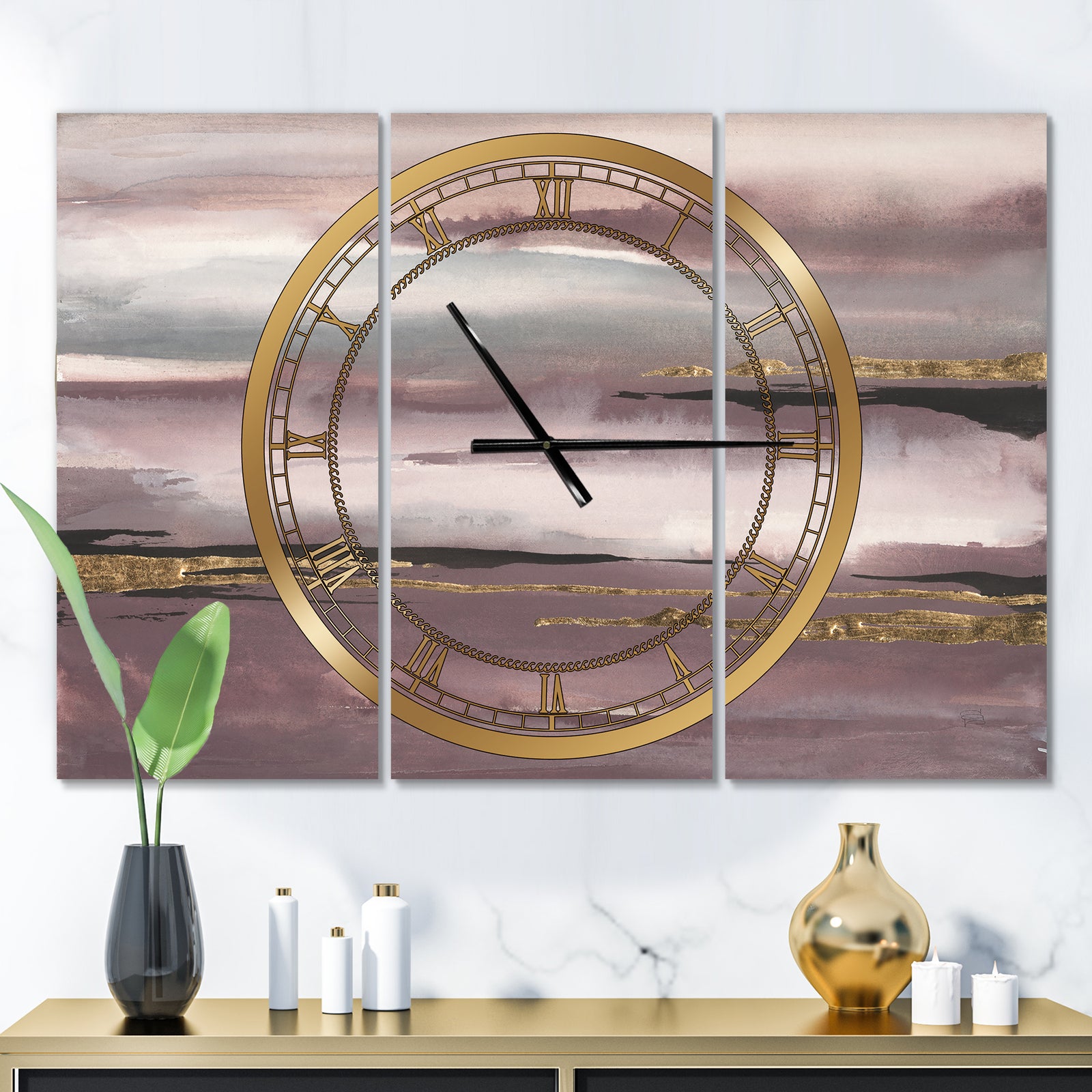 Purple Glam Storm IV - Glam 3 Panels Large Wall CLock