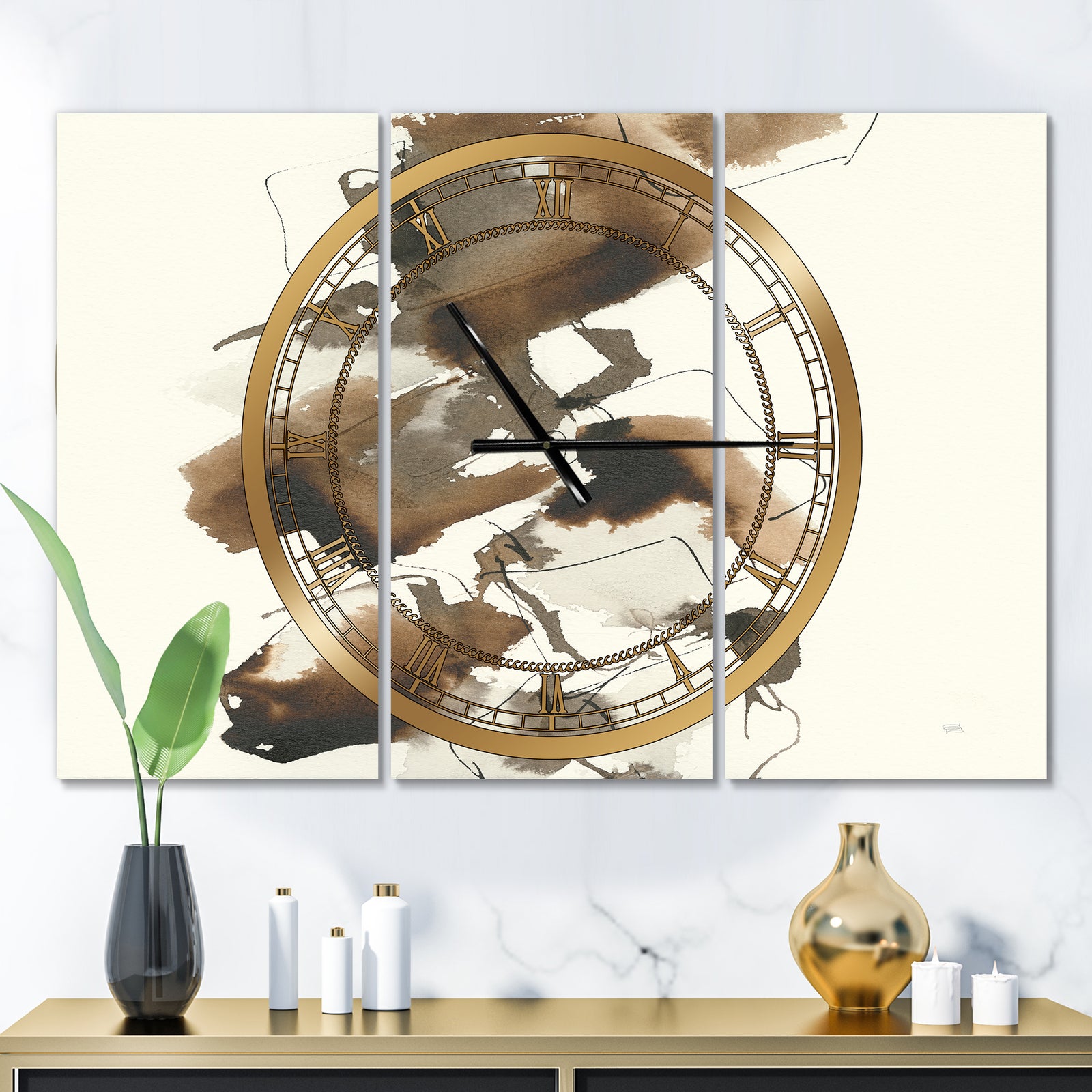 Gold Glam Squares I - Glam 3 Panels Oversized Wall CLock