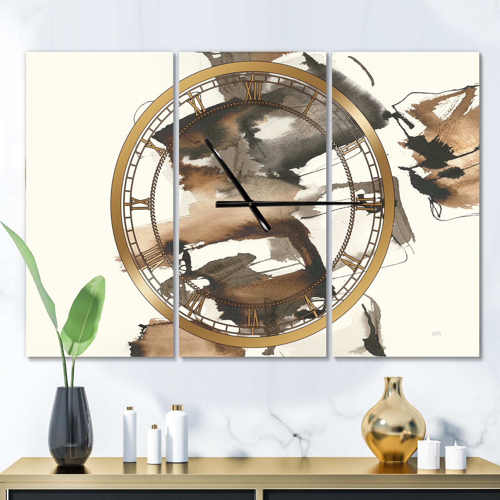 Gold Glam Squares II - Glam 3 Panels Large Wall CLock