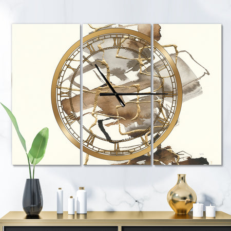 Gold Glam Squares III - Glam 3 Panels Oversized Wall CLock