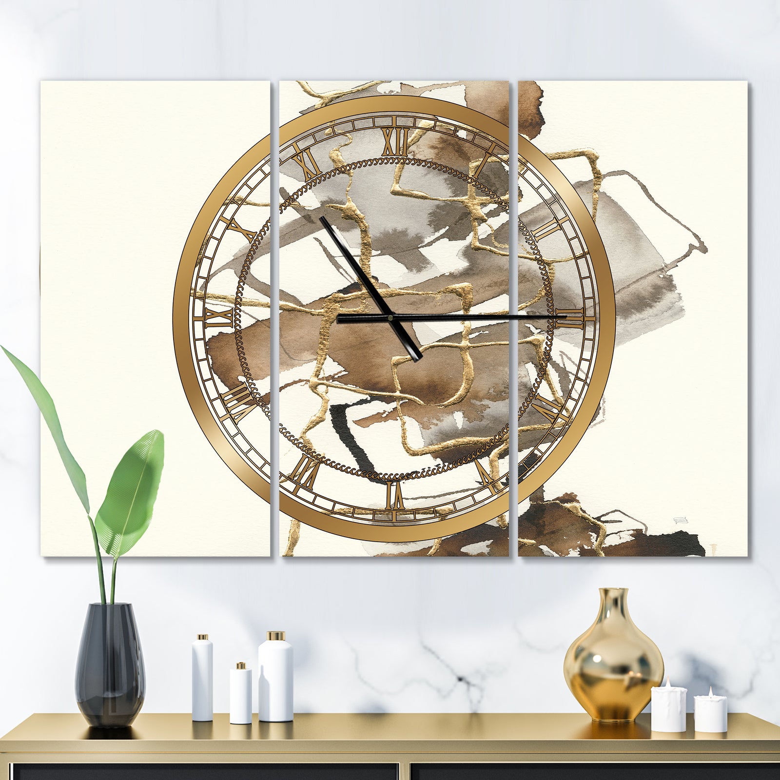 Gold Glam Squares III - Glam 3 Panels Oversized Wall CLock