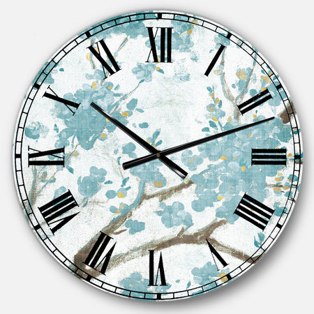 Teal Cherry Blossoms I - Traditional Floral Large Wall CLock